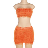 Fluffy solid backless tube mini skirt set